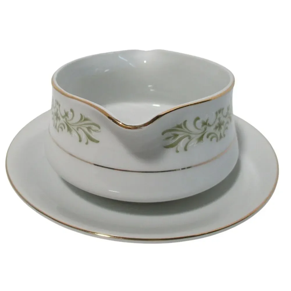 Allergo Fine China Green Scrolls White Gold Trim Gravy Boat With Attached Plate